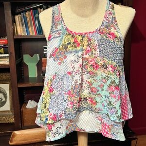 Y2K Colorful Patchwork Razor Back Tank Top Size M Made in USA Cottagecore Fairy
